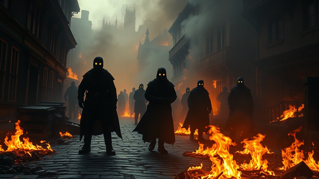 shadowy figures amid flames